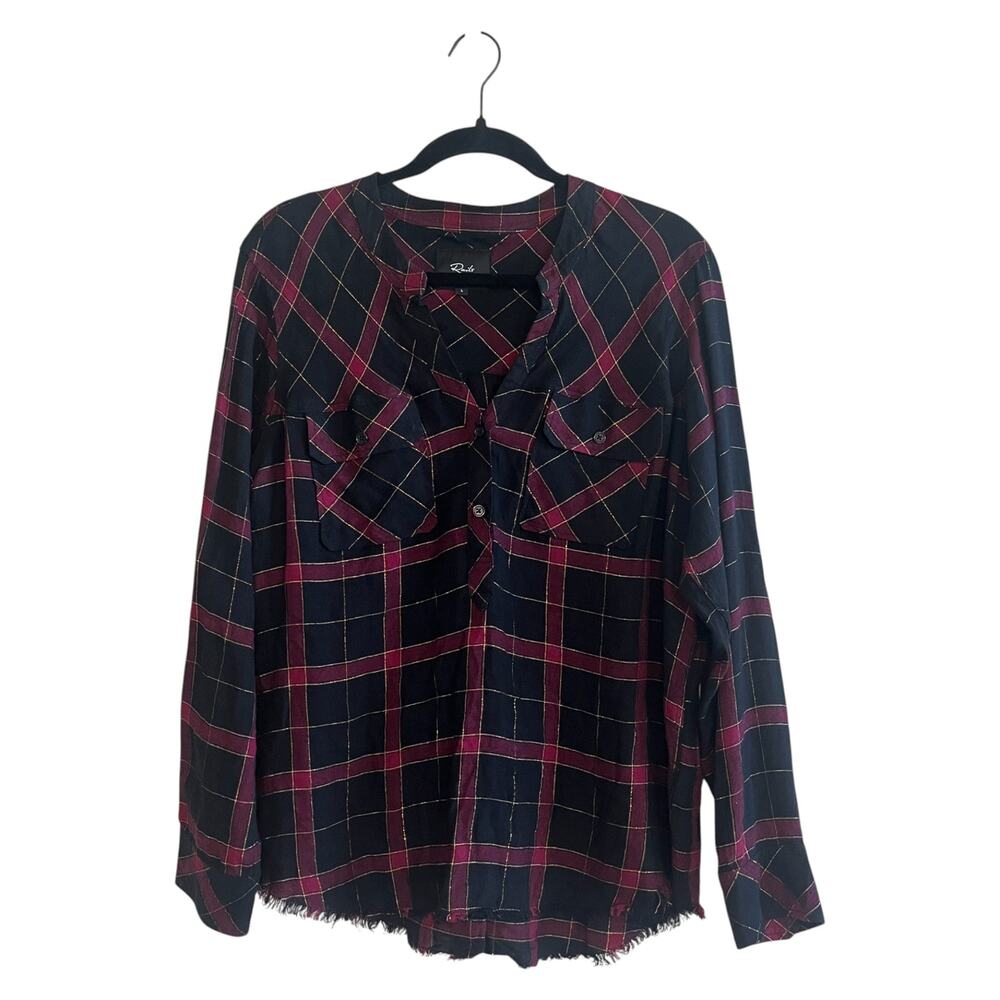 Rails Redding Linen Raw Hem Plaid Long Sleeve Popover Shirt Black Wine Gold Sz L - Picture 2 of 8